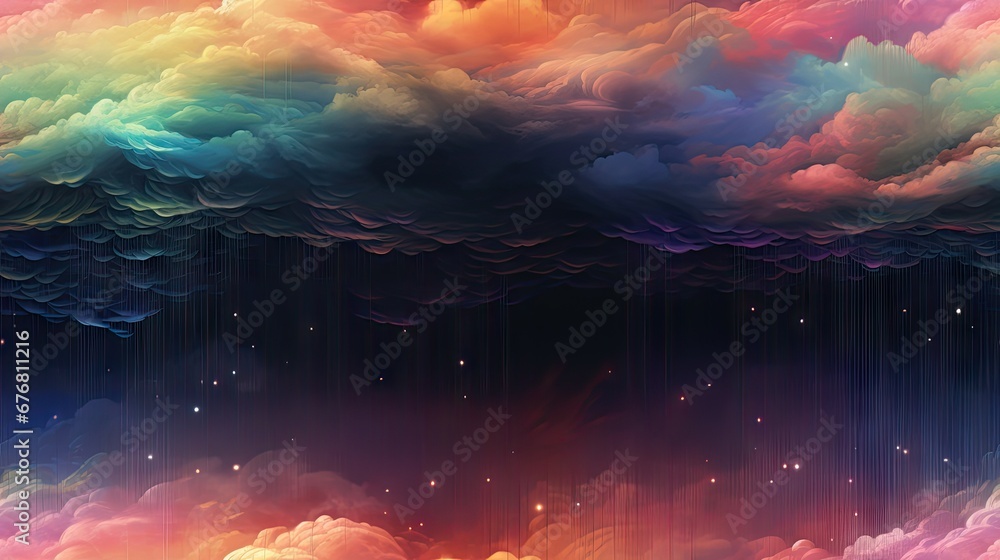  a painting of a rainbow colored sky with stars and clouds in the center of the painting is a rainbow colored sky with stars and clouds in the center of the sky.  generative ai