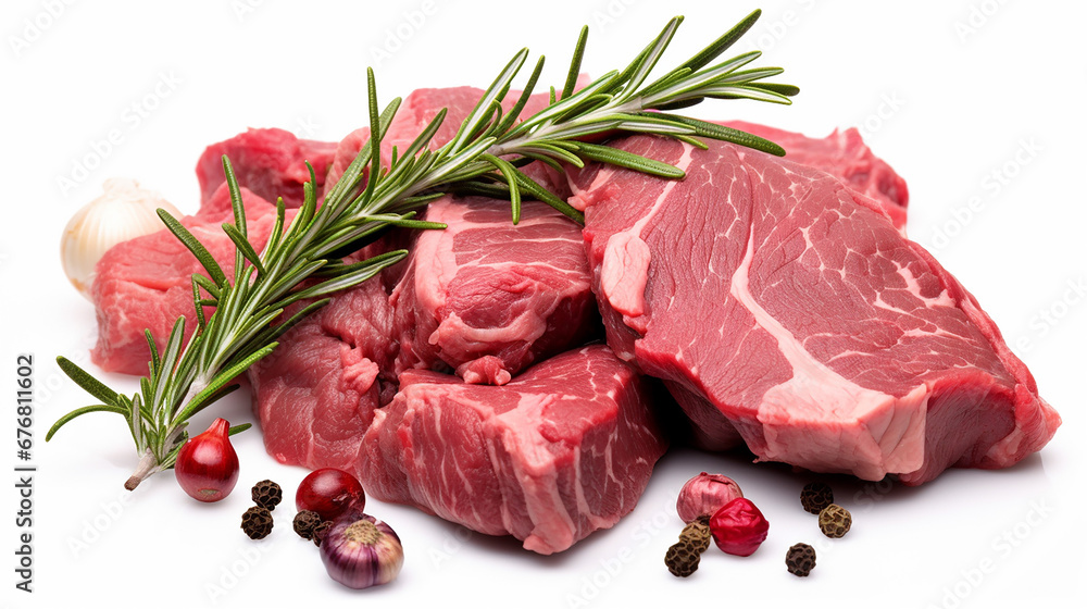 Raw beef meat, garlic and rosemary isolated on white background. With clipping path. Made with generative ai
