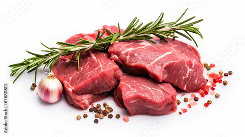 Raw beef meat, garlic and rosemary isolated on white background. With clipping path. Made with generative ai