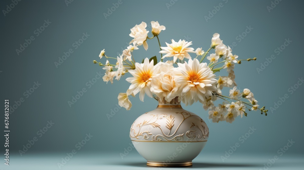 a vase filled with white and yellow flowers on top of a blue surface with a light blue background behind it. generative ai a vase filled with white and yellow flowers on top of a blue surface with a light blue background behind it. generative ai