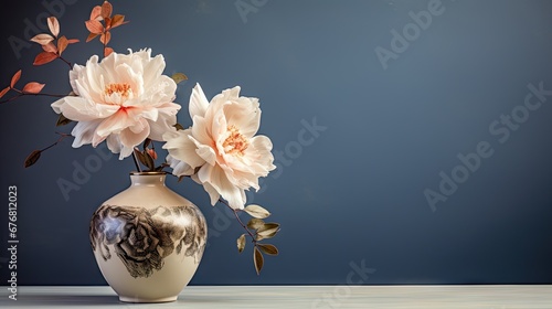  a vase with flowers in it sitting on a table next to a vase with flowers in it on a table next to a blue wall.  generative ai