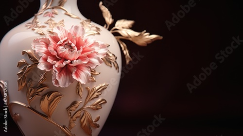  a close up of a vase with a flower on the top of it and a gold leaf decoration on the bottom of the vase.  generative ai