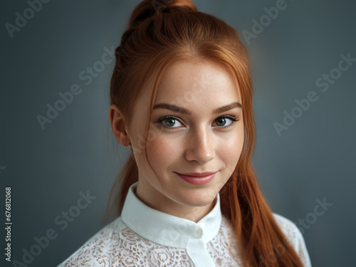 Beauty portrait of young smiling ginger woman with long hair posing ovewr gray studio background. photo