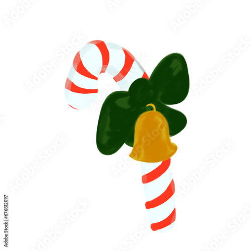 Bastón de caramelo blanco y rojo con lazo verde y campana dorada. Baston de caramelo de navidad con rayas rojas y decorado. Dulce navideño. Imagen aislada sin fondo. 