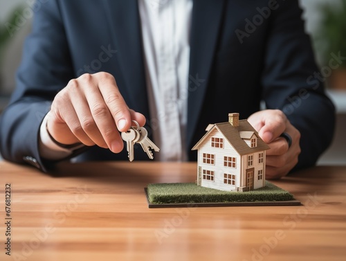 Real estate agent holding house key with house model on table. Property concept