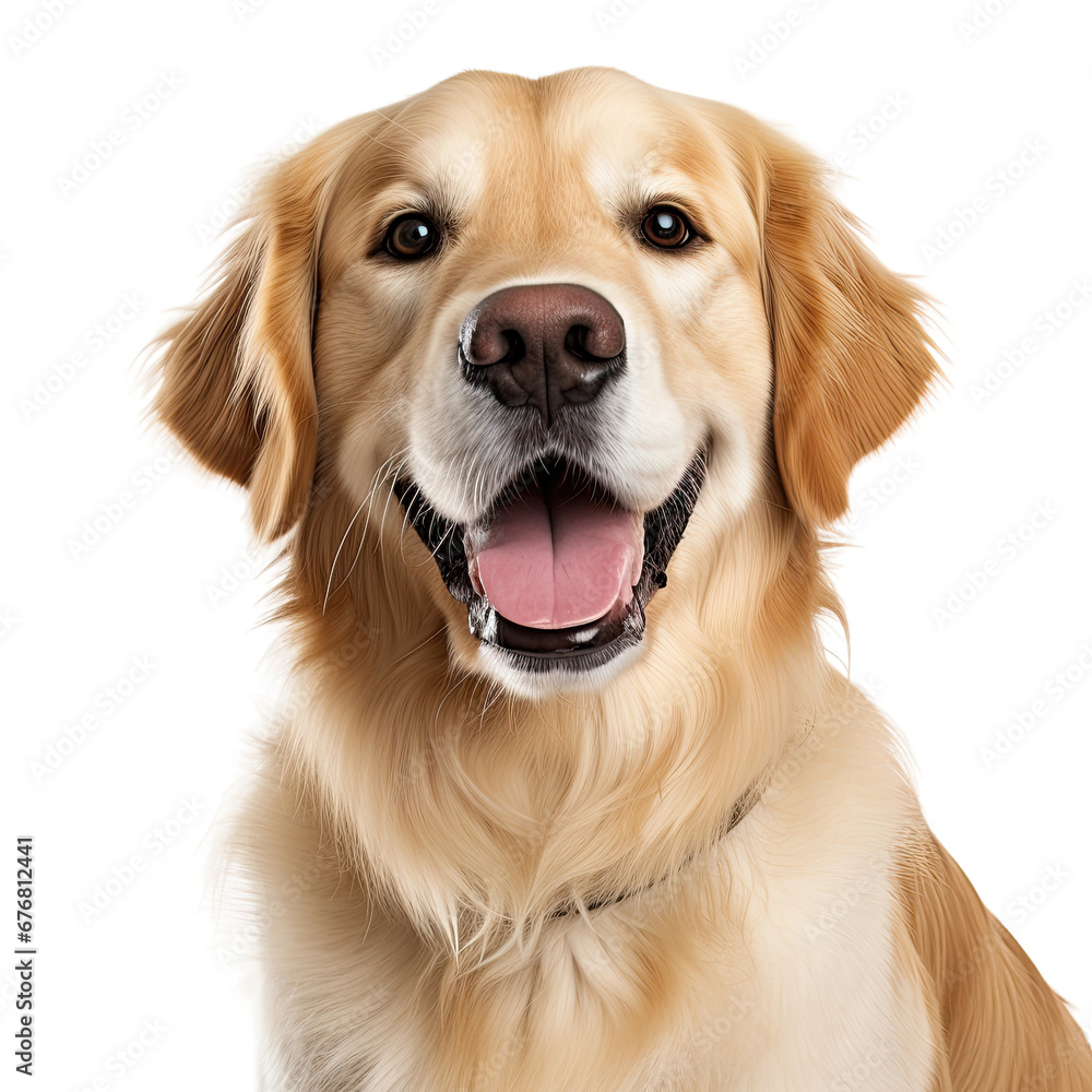 Golden Retriever Dog Close-Up, Smiling Expression, Isolated on White Background Golden Retriever Dog Close-Up, Smiling Expression, Isolated on White Background