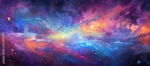 Outer space sky with light neon stars background. AI generated image photo