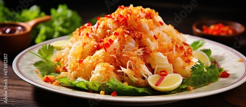 Spicy salted egg with salad dried shrimp. AI generated image