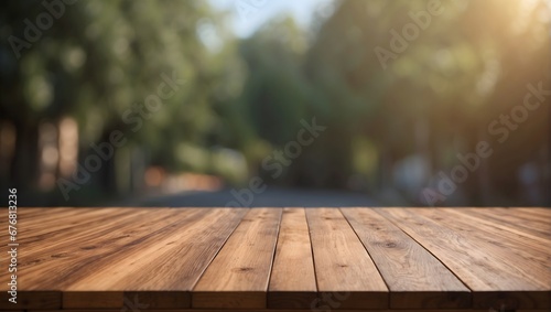 empty wooden table with blurred background