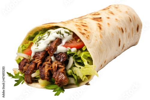 Shawarma wrap, doner kebab pita bread, street food isolated on white transparent background. PNG