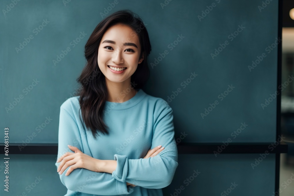 photo portrait of young asia lady with positive expression, arms crossed, smile broadly, dressed in casual clothing, generative ai photo portrait of young asia lady with positive expression, arms crossed, smile broadly, dressed in casual clothing, generative ai
