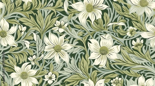  a green and white floral wallpaper with leaves and flowers on a dark green background with white flowers and leaves on a dark green background. generative ai