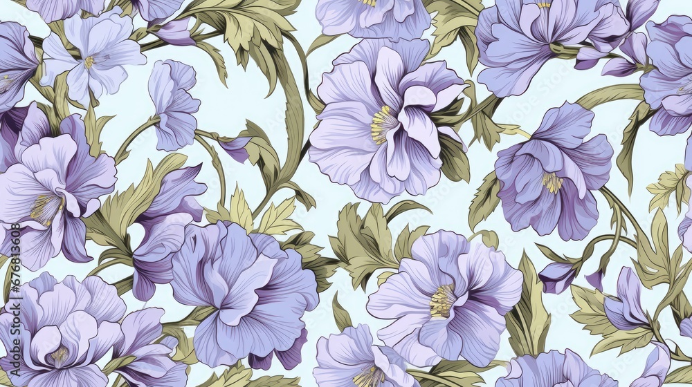a blue and purple flower pattern on a light blue background with green leaves and flowers on a light blue background. generative ai a blue and purple flower pattern on a light blue background with green leaves and flowers on a light blue background. generative ai