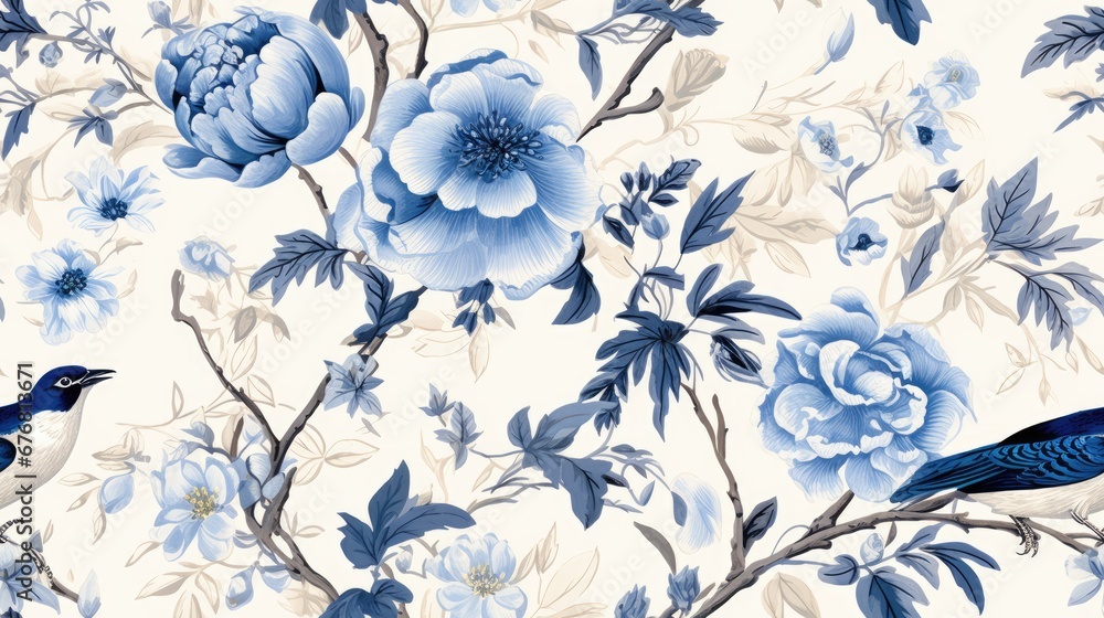 a blue bird sitting on a branch of a tree next to a blue and white flowered wallpaper with blue and white flowers. generative ai a blue bird sitting on a branch of a tree next to a blue and white flowered wallpaper with blue and white flowers. generative ai