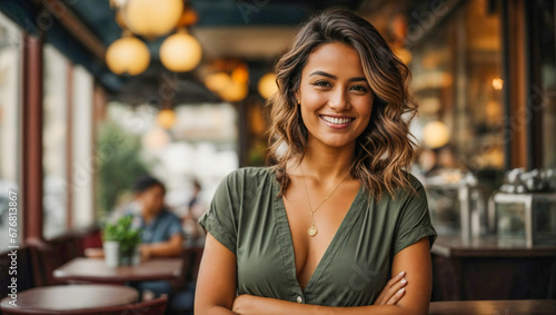 Smiling woman standing with arms crossed in front of cafe