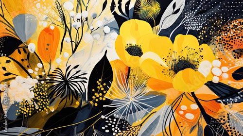  a painting of yellow and black flowers on a black and white background with white and yellow leaves and flowers on a black and white background.  generative ai © Anna
