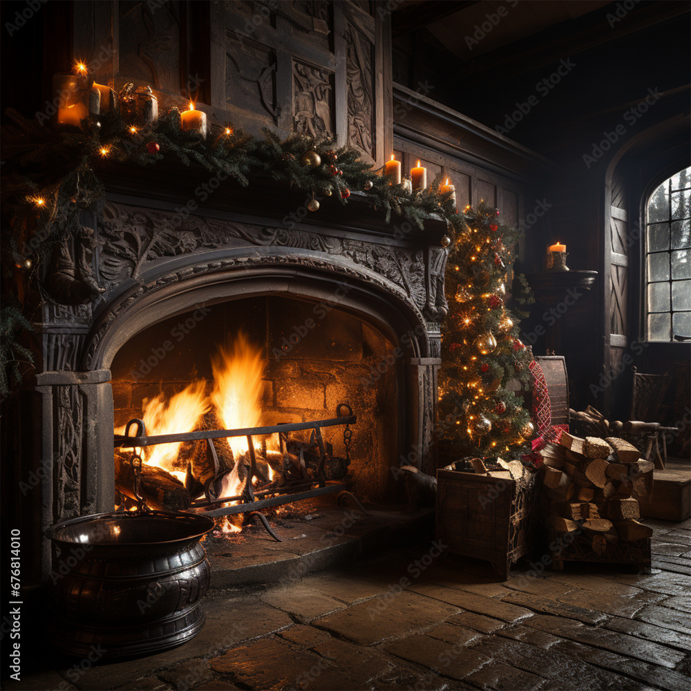Dark gothic living room interior with a huge fireplace, decorated for Christmas with fir garlands and Christmas decorations
