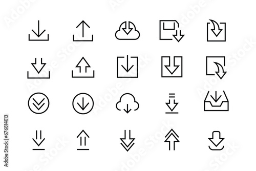 Download line flat vector set icon. install symbol. Download upload button Load sign flat, chat message data exchange, traffic, web files cloud, server collection. Editable stroke on white background