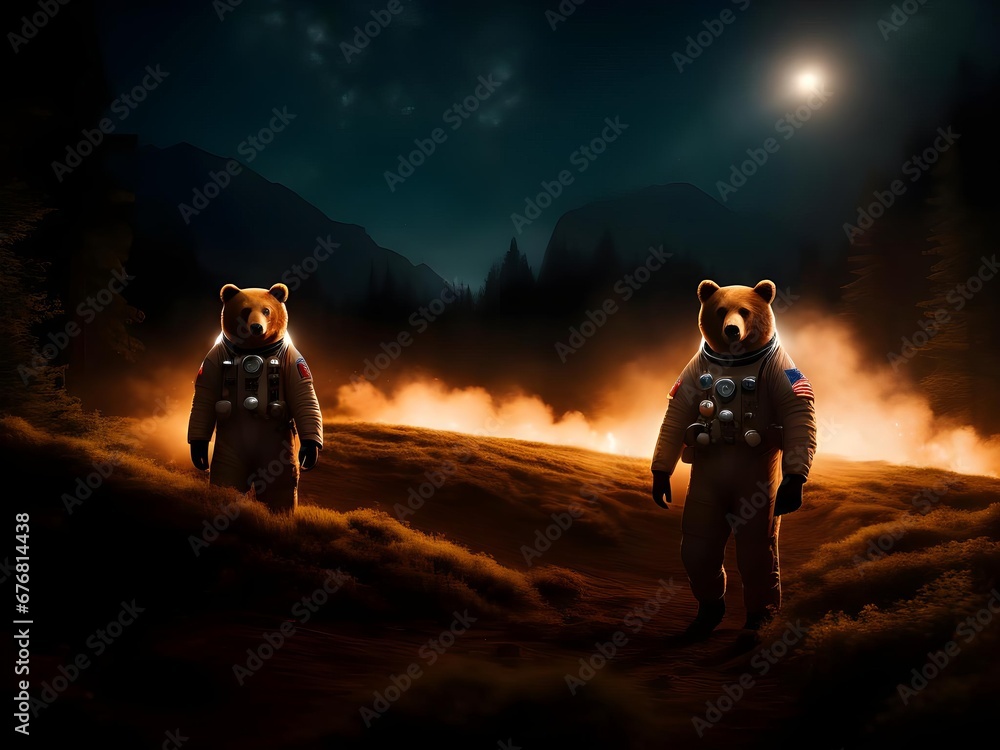 Two bears wearing spacesuits on a new planet in the dark