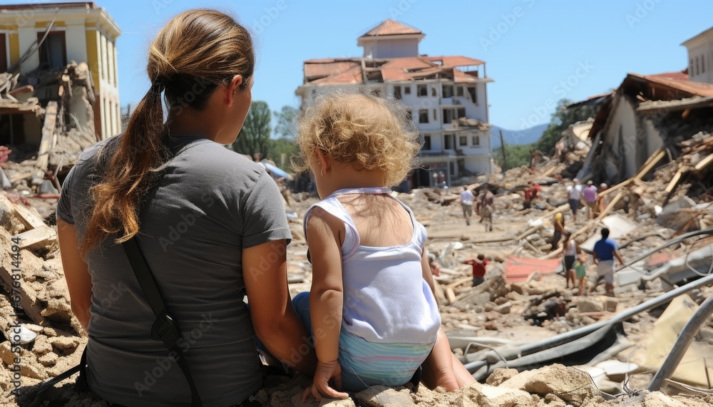 Heartbreaking view of woman and child observing the city in ruins after a destructive earthquake