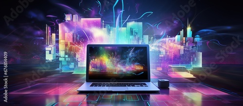 Colorful hologram laptop drawing style background. AI generated image
