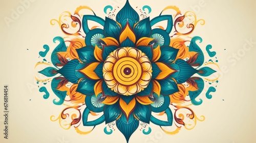 an abstract flower with swirls and stars in turquoise, orange, brown, and