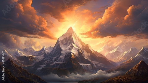  a painting of a mountain with clouds in the sky and a sunset in the middle of the mountain behind it. generative ai