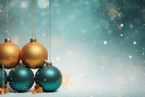 Teal and golden christmas balls with brown ornaments and bows on glitter bokeh backdrop. Christmas holiday and festive decoration concept. Generative AI