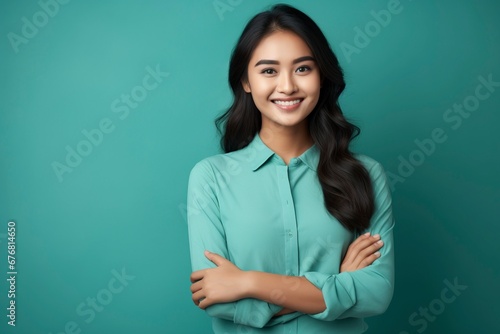 photo portrait of young asia lady with positive expression, arms crossed, smile broadly, dressed in casual clothing, generative ai