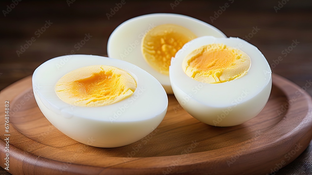 two halves of a hard boiled egg on a wooden cutting board with a brown wooden cutting board with a wooden cutting board holding two halves of a hard boiled egg. generative ai two halves of a hard boiled egg on a wooden cutting board with a brown wooden cutting board with a wooden cutting board holding two halves of a hard boiled egg. generative ai