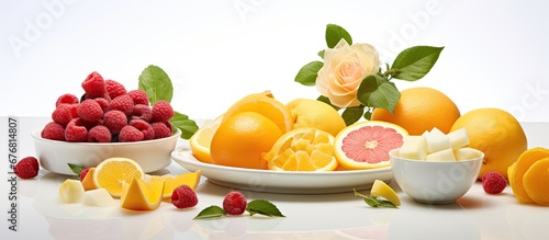 Against the white background a delectable dessert spread was laid out featuring an assortment of vibrant fruits such as juicy oranges zesty lemons and sweet pink candy coated coconut The gr