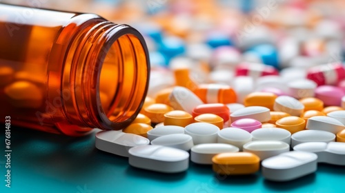 close up view of an open medicine bottle surrounded by many pills photo