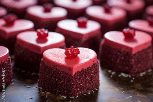 Little red mousse cakes in heart shape. Homemade bright mousse cakes with pink velour coating. Generative AI