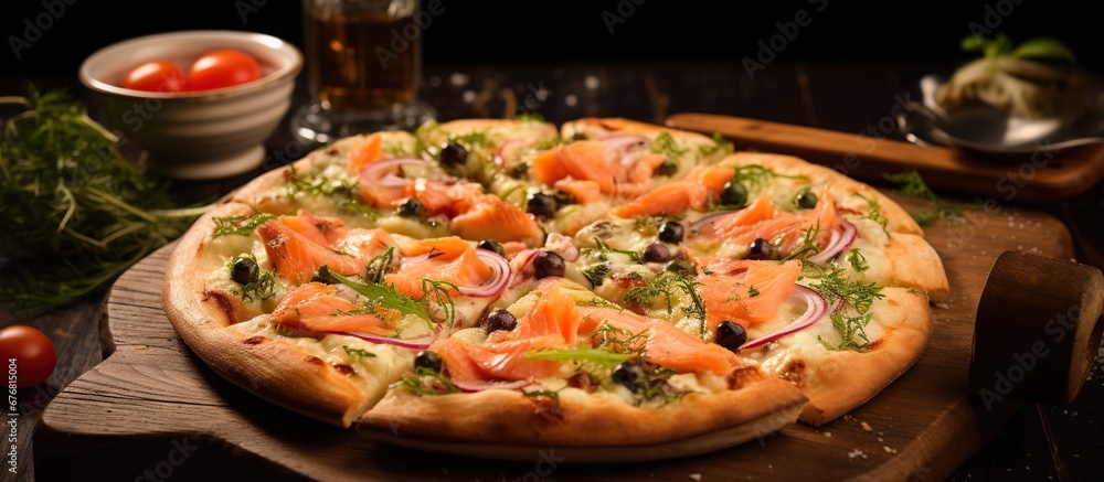 Delicious tasty pepperoni pizza with tomatoes on wooden plate. AI generated Delicious tasty pepperoni pizza with tomatoes on wooden plate. AI generated
