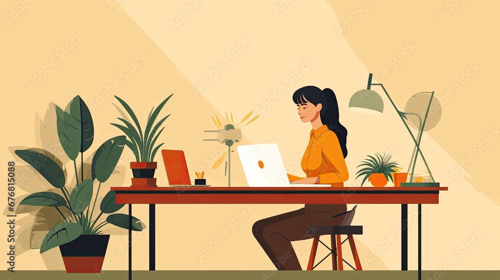 Illustration og a woman working on an office, woman work on computer laptop at table Illustration og a woman working on an office, woman work on computer laptop at table
