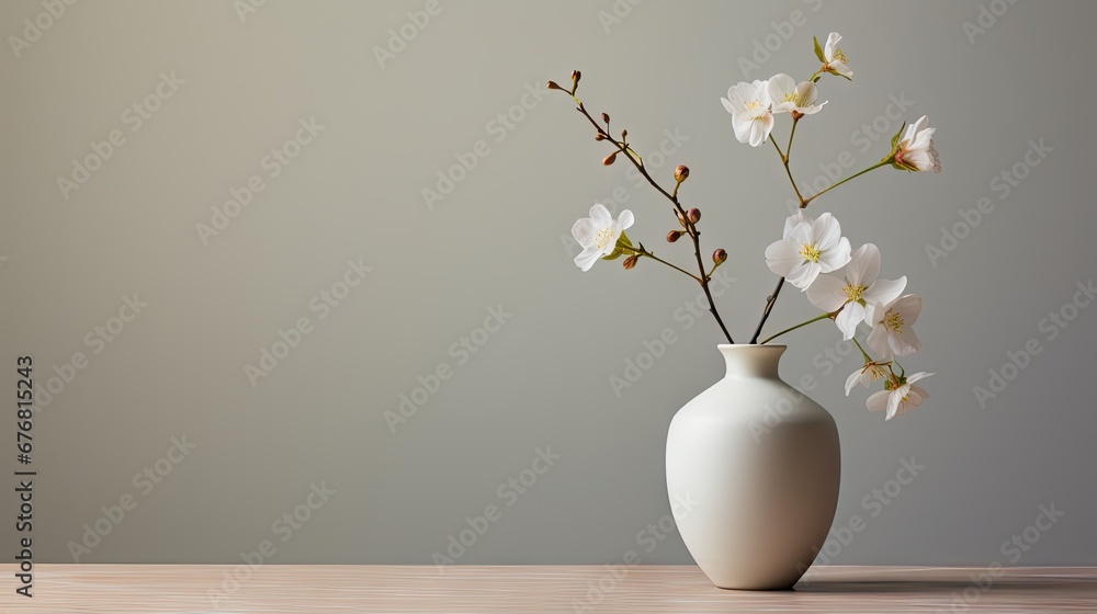  a white vase filled with white flowers on top of a wooden table with a gray wall in the back ground.  generative ai