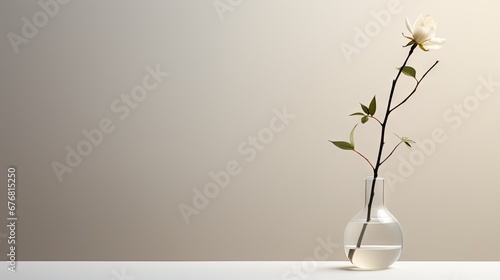  a glass vase filled with water and a single white flower on top of a white table with a gray wall in the background.  generative ai