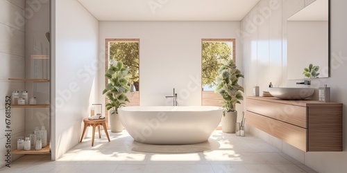 Large, spacious, familiar and functional modern bathroom. Smooth light wood, polished marble, bathtub, cozy, calm, serene, peaceful, warm colors, warm light