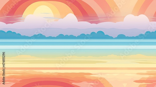  a painting of a sunset over a body of water with a rainbow in the sky and clouds in the background. generative ai