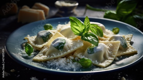  a plate of ravioli with spinach and cheese on a black surface with a green leafy sprig. generative ai