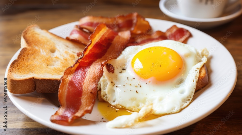 White plate of fried egg, bacon and toast White plate of fried egg, bacon and toast