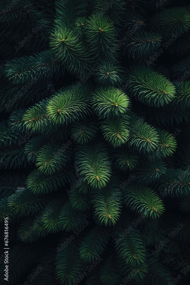 Misty Dark Christmas Tree: Beautiful Abstract Design with Closeup of Green Pine Brunch on Moody Dark Background