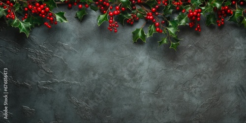Holly Background. Christmas Tree Branches and Red Berries Holiday Chaplet on a Dark Slate Green Background. photo