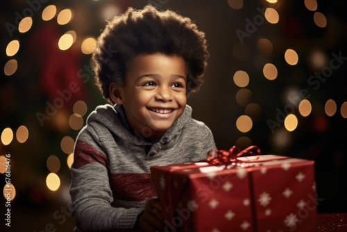 Joyful Christmas Surprise: Black Boy's Joyful Moment Unwrapping a Christmas Present