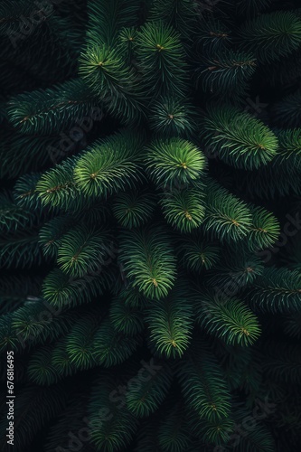 Misty Dark Christmas Tree  Beautiful Abstract Design with Closeup of Green Pine Brunch on Moody Dark Background