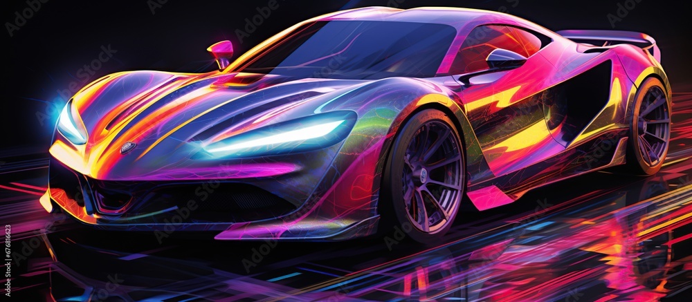 Colorful holographic sport car on dark background. AI generated image