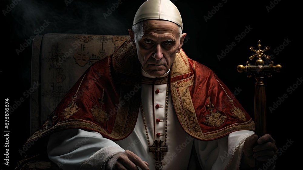 pope benedict sits in a chair smoking a pipe on a table - obrazy, fototapety, plakaty 