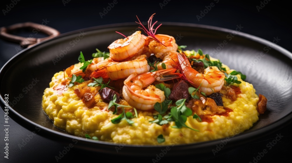  a plate of shrimp and grits with a garnish of garnish on top of the grits.  generative ai