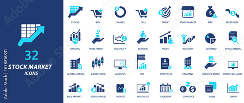 Stock market icons collection. 32 sets of investment icon designs. Solid icon elements.