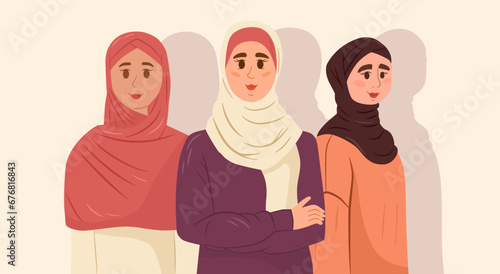 Arabic woman, middle east female. Young attractive muslim girl, beautiful lady, gorgeous person wearing hijab, colourful scarf. Vector illustration.